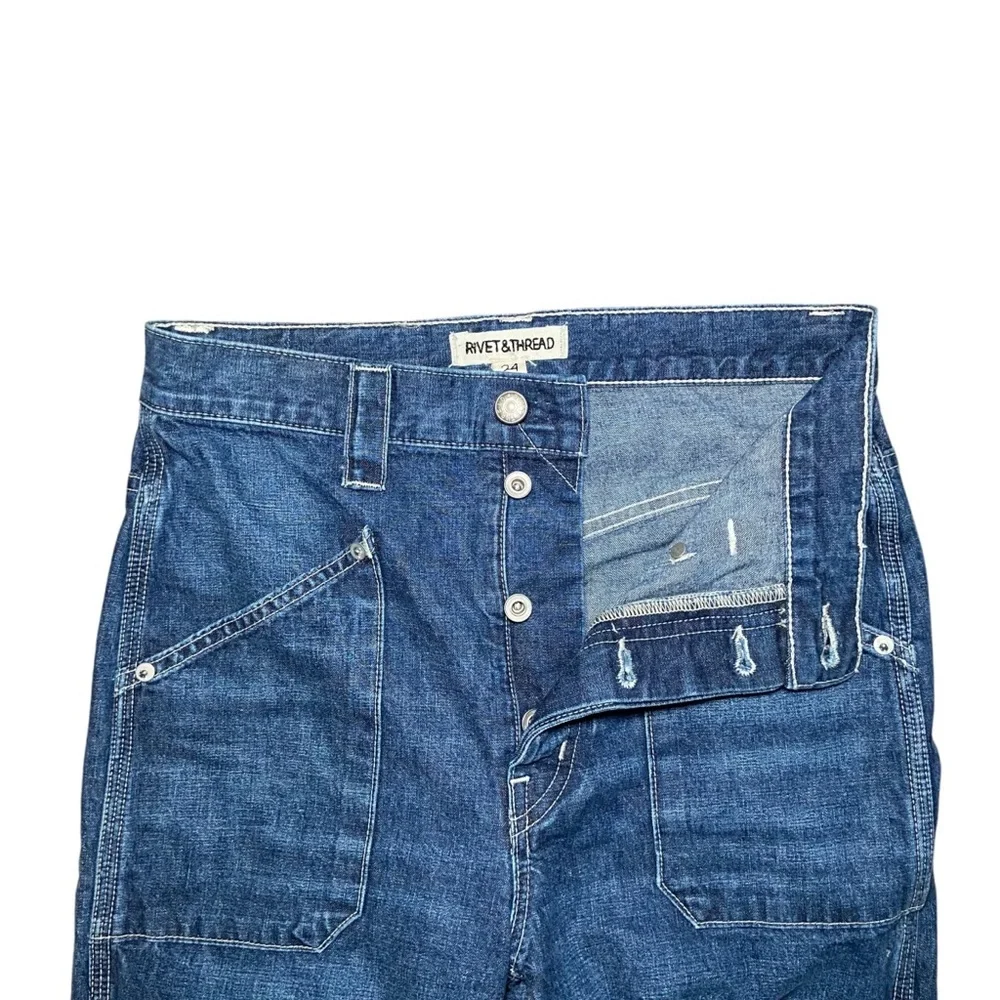 Rivet And Thread  High-Rise Relaxed Straight Jeans Dark Blue Pockets - Picture 3 of 10